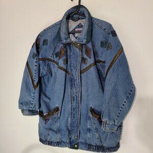 Vtg MCM 1980s Current Seen Acid Wash Denim Tapestry Bomber Jacket L Geometric